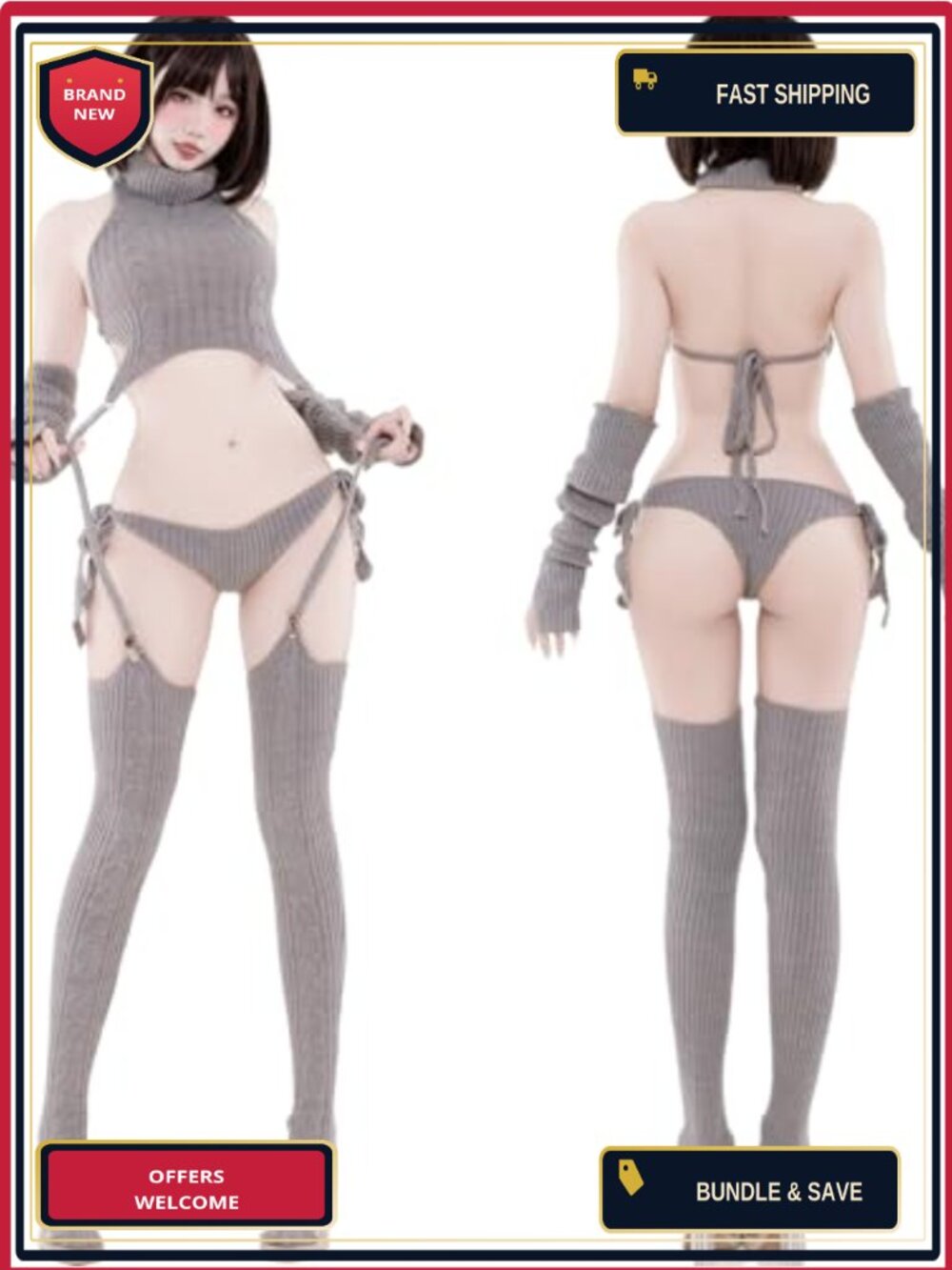 Backless High-Neck Knit Cosplay Sweater Set 4-Piece with T-Back Briefs